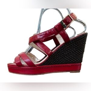 L.K.Bennett London Cilla red lthr 4.5” wdg heel strppy sndls braid heel SZ 9/9.5